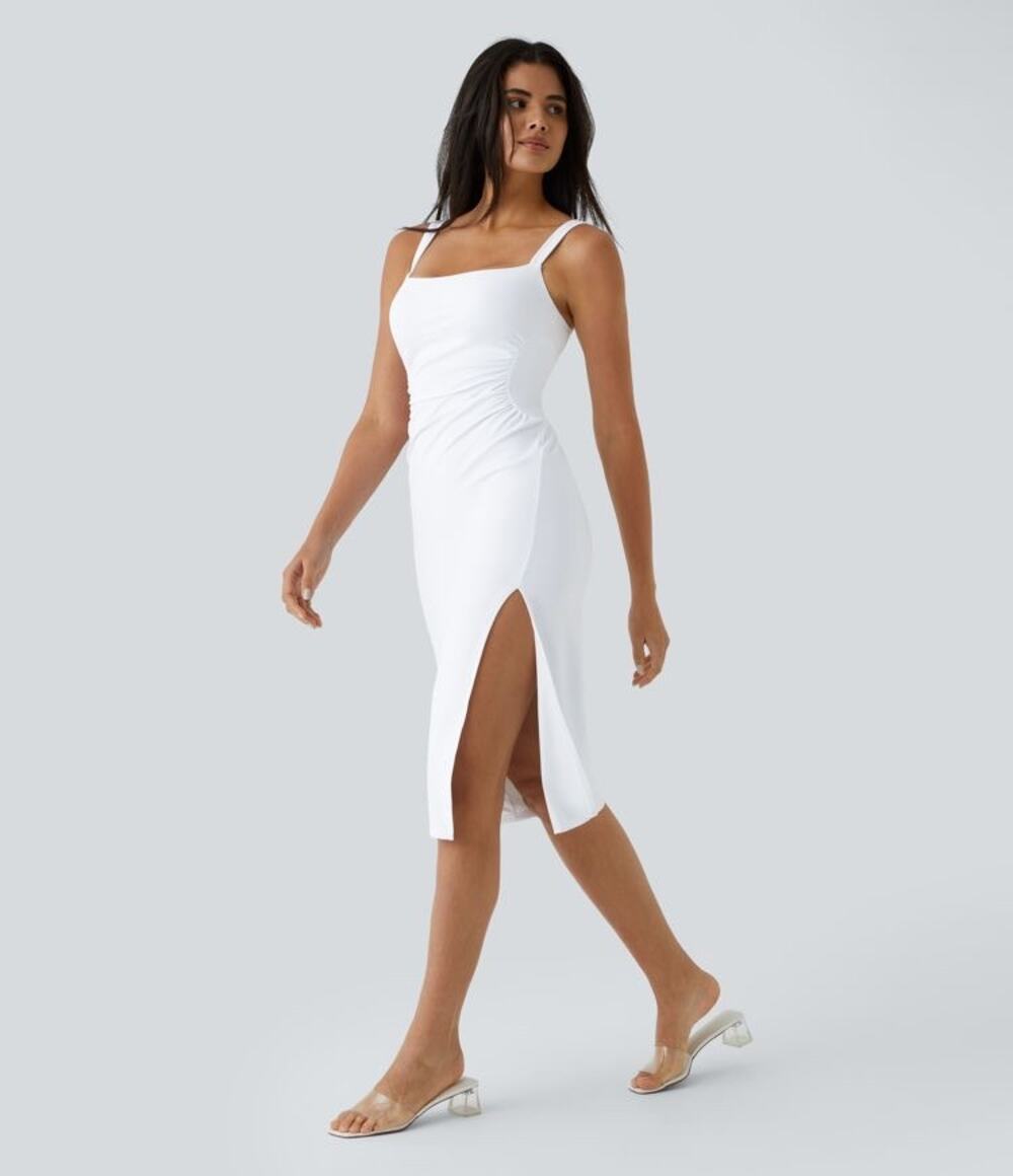 Halara Square Neck Ruched Split Midi Cool Touch Dress in White Size Large
